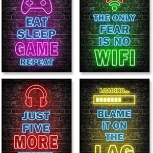 Printed Neon Gaming Posters Set of 4 (8”X 10”), Boys Room Decorations for Bedroom,Video Game Wall Art,Gamer, Teen boy bedroom, game room, No Frames