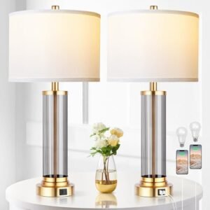 QiMH Touch Control Table Lamp Set of 2 with USB A+C Ports, 3-Way Dimmable Nightstand Lamp with Fabric Cream Shade, Modern Bedside Lamp for Living Room Bedroom Reading, LED Bulbs Included