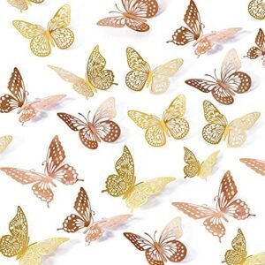 SAOROPEB 3D Butterfly Wall Decor, 48 Pcs 4 Styles 2 Color 3 Sizes, Removable Metallic Wall Sticker Room Mural Decals for Kids Bedroom Nursery Classroom Party Decoration (2 Color)