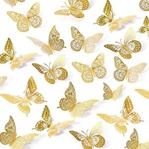 SAOROPEB 3D Butterfly Wall Decor 48 Pcs 4 Styles 3 Sizes, Gold Butterfly Decorations for Butterfly Birthday Decorations Butterfly Party Decorations Cake Decorations, Removable Stickers (Gold)