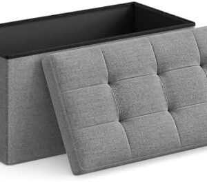 SONGMICS 30 Inches Folding Storage Ottoman Bench, Storage Chest, Foot Rest Stool, Light Gray ULSF47G, 15 x 30 x 15 Inches