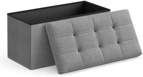 SONGMICS 30 Inches Folding Storage Ottoman Bench, Storage Chest, Foot Rest Stool, Light Gray ULSF47G, 15 x 30 x 15 Inches