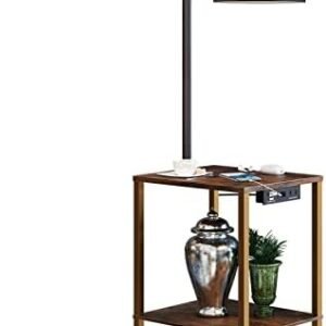 SUNMORY Rustic End Table Lamp with Table, Shelves, Charging Station(USB & AC Port) 3-Color Temperature LED Bulb For Floor, Living Room &, Bedroom(Brown)