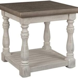 Signature Design by Ashley Havalance Farmhouse Square End Table with Floor Shelf, Vintage Gray & White with Weathered Finish