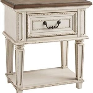 Signature Design by Ashley Realyn Traditional Cottage 1 Drawer Nightstand with Dovetail Construction & Open Display Shelf, Chipped White, Distressed Brown