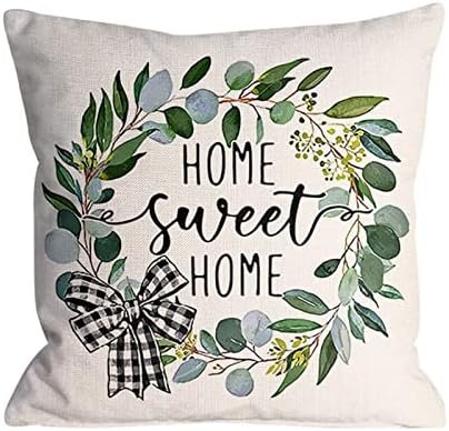 Spring Pillow Covers Throw Pillow Cover Home Sweet Home Floral Buffalo Plaid Plant Bowknot Pillow Covers Throw Case Spring Seasonal Decorative for Couch Sofa Outdoor Spring Decor,18x18