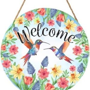 Spring Summer Hummingbird Birds Door Sign Round 12 X 12 Inches Welcome Spring Door Hanger Wall Pediment Farmhouse Floral Door Hanging for Yard Porch Seasonal Summer Decoration Welcome Sign