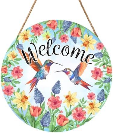 Spring Summer Hummingbird Birds Door Sign Round 12 X 12 Inches Welcome Spring Door Hanger Wall Pediment Farmhouse Floral Door Hanging for Yard Porch Seasonal Summer Decoration Welcome Sign