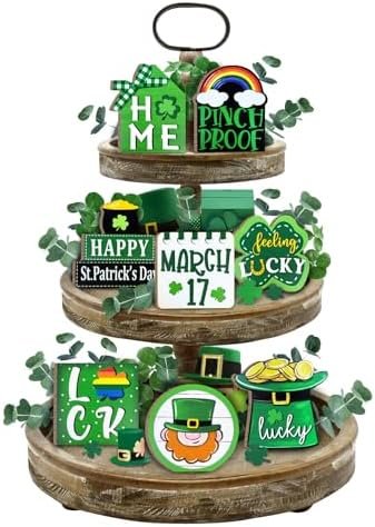 St. Patrick's Day Tiered Tray Decor, Lucky Clover Tray Decorations Set, Happy 17 March Shamrock Leprechaun Hat Wooden Signs, Rustic Irish Decor for Home Tabletop Shelf Party