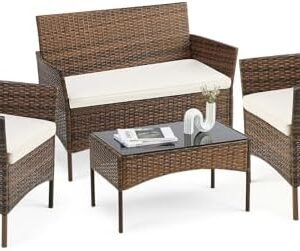 Sweetcripy Patio Furniture Set 4 Pieces, Outdoor Furniture with Soft Cushion and Glass Table, All Weather Manual Weaving Wicker Rattan Patio Chairs for Garden, Terrace, Porch(Brown and Beige)