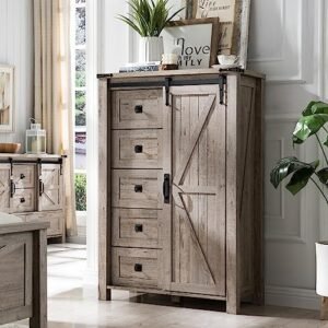 T4TREAM 5 Drawers Dresser for Bedroom w/Sliding Barn Door, Farmhouse Modern Tall Dresser 5 Chest of Drawers, Storage Organizer Dresser for Bedroom, Hallway, Living Room, Kids Room, Light Rustic Oak