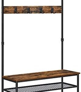 VASAGLE DAINTREE 3-in-1 Entryway Coat Rack and Storage Bench, Pipe Style Hall Tree with 9 Hooks, Multifunctional, Sturdy Steel Frame, Large Size, Industrial, Rustic Brown and Black UHSR47BX