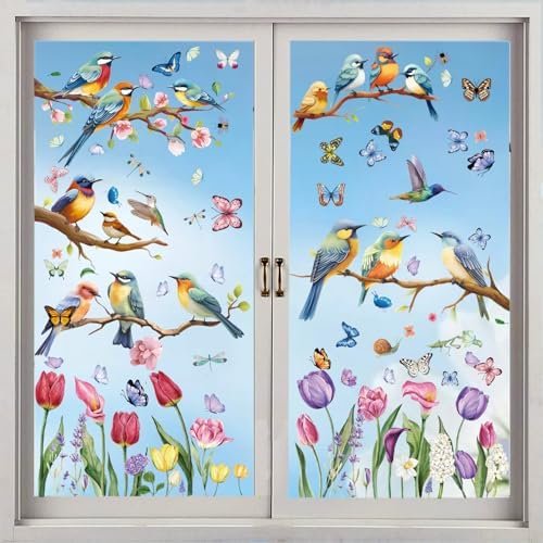 Vibrant Spring & Summer Window Clings - 78 PCS of Butterfly, Tree Branch Hummingbird, and Tulip Anti-Collision Window Stickers for Seasonal and Home Decor Delight