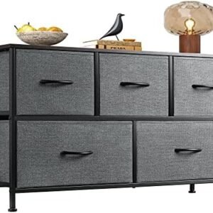 WLIVE Dresser for Bedroom with 5 Drawers, Wide Chest of Drawers, Fabric Dresser, Storage Organizer Unit with Fabric Bins for Closet, Living Room, Hallway, Dark Grey