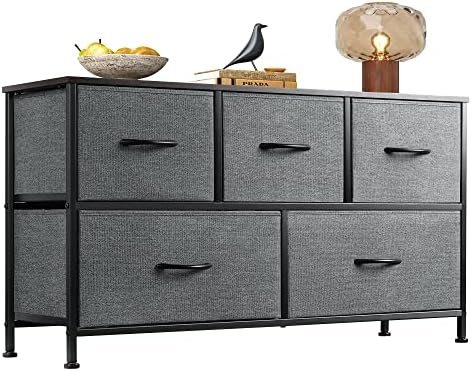 WLIVE Dresser for Bedroom with 5 Drawers, Wide Chest of Drawers, Fabric Dresser, Storage Organizer Unit with Fabric Bins for Closet, Living Room, Hallway, Dark Grey