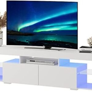 WLIVE LED TV Stand for 55/60/65/70 Inch TV, Modern Entertainment Center with Open Shelves, Wood TV Console with 2 Storage Drawers for Bedroom, Living Room, Gaming Media Stand with Display Glass, White