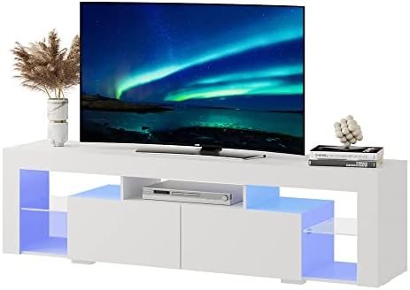 WLIVE LED TV Stand for 55/60/65/70 Inch TV, Modern Entertainment Center with Open Shelves, Wood TV Console with 2 Storage Drawers for Bedroom, Living Room, Gaming Media Stand with Display Glass, White