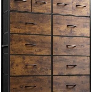 WLIVE Tall Dresser for Bedroom with 12 Drawers, Dressers & Chests of Drawers, Fabric Dresser for Bedroom, Closet, Fabric Storage Dresser with Drawers, Steel Frame, Rustic Brown Wood Grain Print