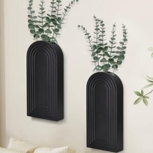 Wall Planter for Indoor Plants, Black Wall Decor for Living Room, Bathroom, Wood Wall Vases for Decor Dried Flowers and Faux Greenery, Set of 2 Modern Farmhouse Decor Hanging Planter