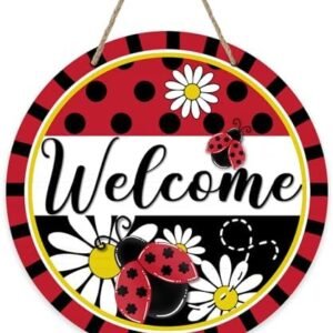 Welcome Spring Summer Ladybug Front Door Sign, Daisy Flower Red Black Wood Door Hanger Outdoor Outside Porch Decor, Polka Dot Stripes Seasonal Wooden Wreath Indoor Wall Hanging Decoration