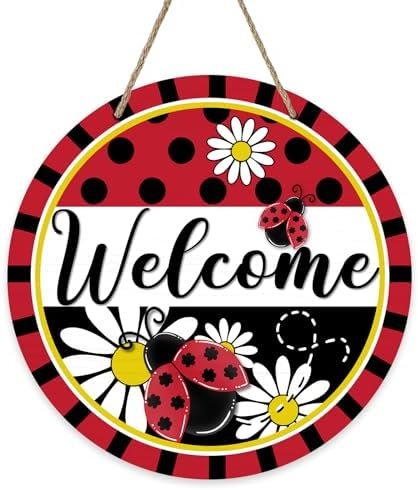 Welcome Spring Summer Ladybug Front Door Sign, Daisy Flower Red Black Wood Door Hanger Outdoor Outside Porch Decor, Polka Dot Stripes Seasonal Wooden Wreath Indoor Wall Hanging Decoration