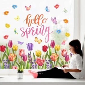 Whaline 6 Sheets Hello Spring Window Clings Colorful Tulip Flowers Butterfly Window Decals Double-Sided Seasonal Floral Window Decor for Shop Office School Decor Party Supplies