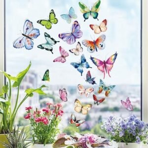 Whaline 9 Sheet 64Pcs Butterfly Window Clings Assorted Watercolor Butterfly Window Decals Double-Sided Seasonal Spring Window Decor for Home Office School Shop Glass