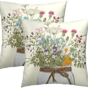 Wildflower Throw Pillow Covers 18x18 Inch Set of 2 Flowers Leaves Bouquet Vase Spring Summer Seasonal Decor Cushion Cover for Bedroom Sofa Living Room Couch Bench Outdoor