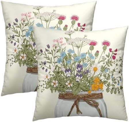 Wildflower Throw Pillow Covers 18x18 Inch Set of 2 Flowers Leaves Bouquet Vase Spring Summer Seasonal Decor Cushion Cover for Bedroom Sofa Living Room Couch Bench Outdoor