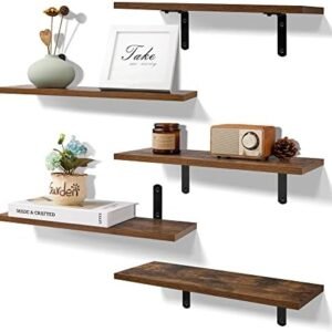 upsimples Floating Shelves for Wall Decor Storage, Dark Brown Wall Mounted Shelves Set of 5, Sturdy Small Wood Shelves Hanging for Bedroom, Living Room, Bathroom, Kitchen, Corner, Book