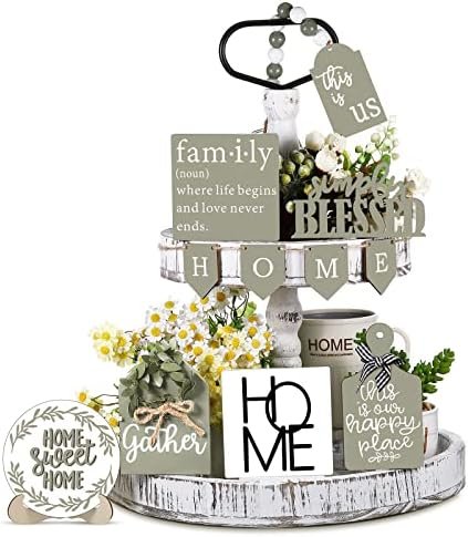 11 Pieces Farmhouse Tiered Tray Decor Wood Sign Rustic Home Sweet Home Simply Blessed This is Us Wooden Beads Tray Decorations Set for Home Kitchen Table Shelf