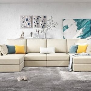 124 Inches Modular Sectional Sofa, 6 Seats U Shaped Sofa with Chaise, Oversized Sectional Sofa with Storage, Ottomans- Chenille Beige