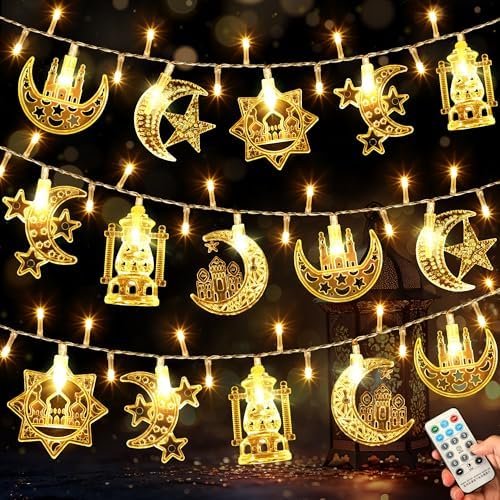 16 ft Eid Ramadan String Lights 88 LEDs, 8 Modes Eid Mubarak Decorations Ramadan Lights for Home Battery Operated Timer Moon Star Castle Lantern LED Fairy Light for Window Tree Islamic Decor (Plastic)