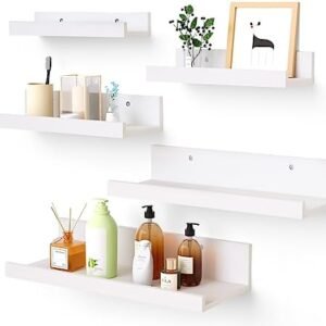 Upsimples Home Floating Shelves for Wall Decor Storage, Wall Shelves Set of 5, Wall Mounted Wood Shelves for Bedroom, Living Room, Bathroom, Kitchen, Small Picture Ledge Shelves, White