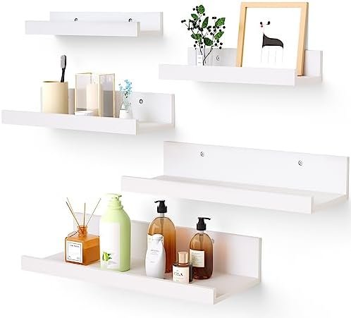 Upsimples Home Floating Shelves for Wall Decor Storage, Wall Shelves Set of 5, Wall Mounted Wood Shelves for Bedroom, Living Room, Bathroom, Kitchen, Small Picture Ledge Shelves, White