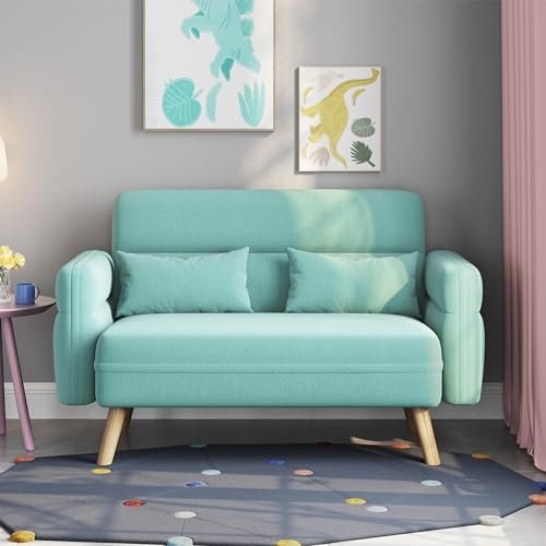 Yaheetech 46" Small Modern Fabric Sofa Loveseat Mid Century 2 Seater Sofa Couch with Lumbar Pillows, Solid Wood Legs for Small Space, Dorm, Office, Bedroom, Aquamarine