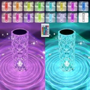 2 Pack Crystal Diamond Rose Table Lamp, Remote and Touch Control Nightstand Lamps, RGB LED Night Light, Bedside Lamps, Dimmable, USB Rechargeable, Decoration for Home, Office, Dating Place, Party