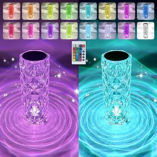 2 Pack Crystal Diamond Rose Table Lamp, Remote and Touch Control Nightstand Lamps, RGB LED Night Light, Bedside Lamps, Dimmable, USB Rechargeable, Decoration for Home, Office, Dating Place, Party