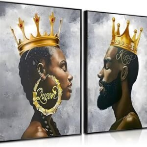 2 Pcs African King and Queen Wall Art Black Couple Canvas Prints African American Love Poster Black Girl Black Man Wall Decor Painting for Living Room Bedroom Bathroom 12x16in Unframed