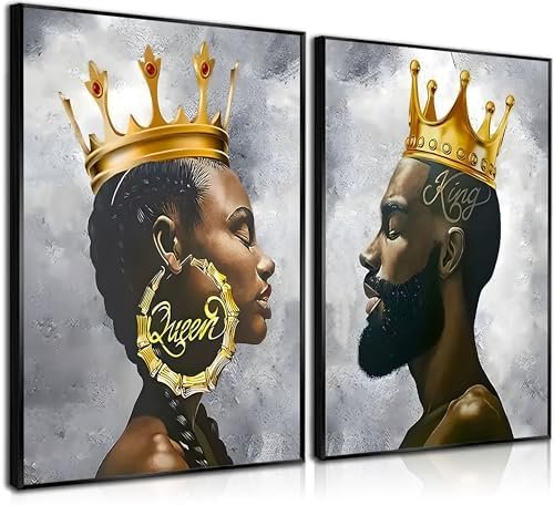 2 Pcs African King and Queen Wall Art Black Couple Canvas Prints African American Love Poster Black Girl Black Man Wall Decor Painting for Living Room Bedroom Bathroom 12x16in Unframed