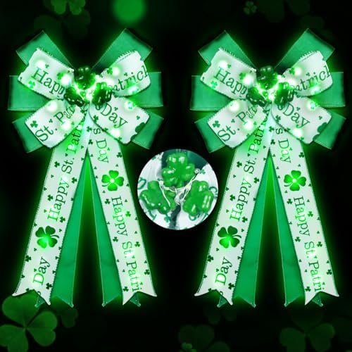 2 Pcs LED St. Patrick's Day Bow Decoration, 20'' X 12'' Large Green Shamrock Wreath with Timer, St Patricks Irish Clovers Ornaments Tree Topper Bow for Front Door Wall Window Party Decor