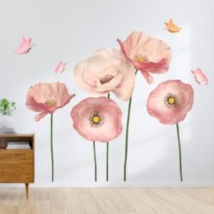 2 Sheets Giant Pink Flower Wall Stickers 5 Poppy Flowers Wall Decals DIY Peel and Stick Watercolor Garden Floral Butterfly Girls Room Wall Decor for Kids Baby Bedroom Living Room Nursery Decoration