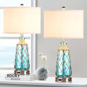 25.5" Coastal Glass Table Lamps Set of 2, 3-Way Dimmable Touch Control Bedside Lamps with 2 USB Ports and AC Outlet, Blue Nautical Nightstand Lamps for Bedroom Living Room (LED Bulbs Included)