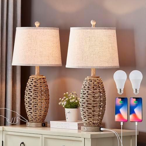 27” Natural Rattan Table Lamps Set of 2,Touch Switch,3-Way Dimmable Bedside Lamps, with A+C USB Charging Ports,Oatmeal Lampshade,Farmhouse Table Lamp for Bedroom, Living Room(2 Bulbs Included)