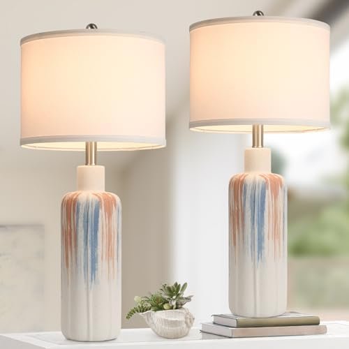 28 inch Tall Table Lamps Set of 2, Ceramic Modern Bedside Lamps with White Fabric Shade, Bedroom Lamps with Rotary Switch, Nightstand Lamps for Living Room, Bedroom, Office