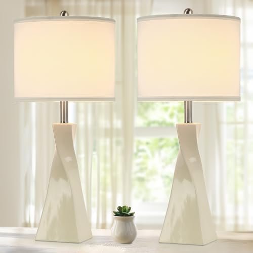 29 Inch Table Lamp Set of 2, Off-White Ceramic Nightstand Lamps with Rotary Switch, Bedside Lamp with E26 Base & Fabric Lampshade, Modern End Table Tall Lamps for Bedroom Living Room Entryway