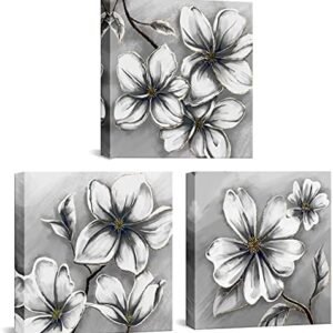 3 Panel Grey Flower Canvas Prints Elegant Magnolia Wall Art Modern Floral Painting for Home Living Room Bedroom Office Wall Decor Stretched and Ready to Hang