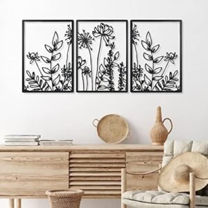 3 Pcs Black Metal Wall Art Minimalist Wall Decor for Bedroom Flowers Wall Decor Hanging Flower Bathroom Wall Art Floral Line Wall Sculpture Kitchen Decoration 16.5 x 11.8 Inch(Cute Style)