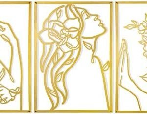 3 Pcs Gold Wall Decor Above Bed Minimalist for Living Room Metal Line Art - Female Body, Gold Room Decor for Bedroom Modern Wall Art for Indoor 15inch