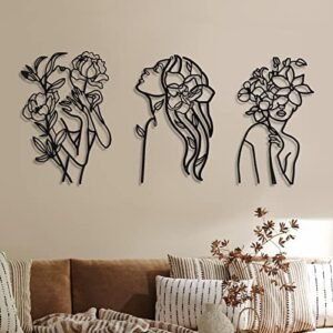 3 Pcs Metal Wall Art Decor Minimalist Abstract Woman Wall Art metal Modern Line Drawing Wall Art Decor Female Single Line Wall Home Hanging for Bedroom Kitchen Bathroom Living Room(Black, Elegant)